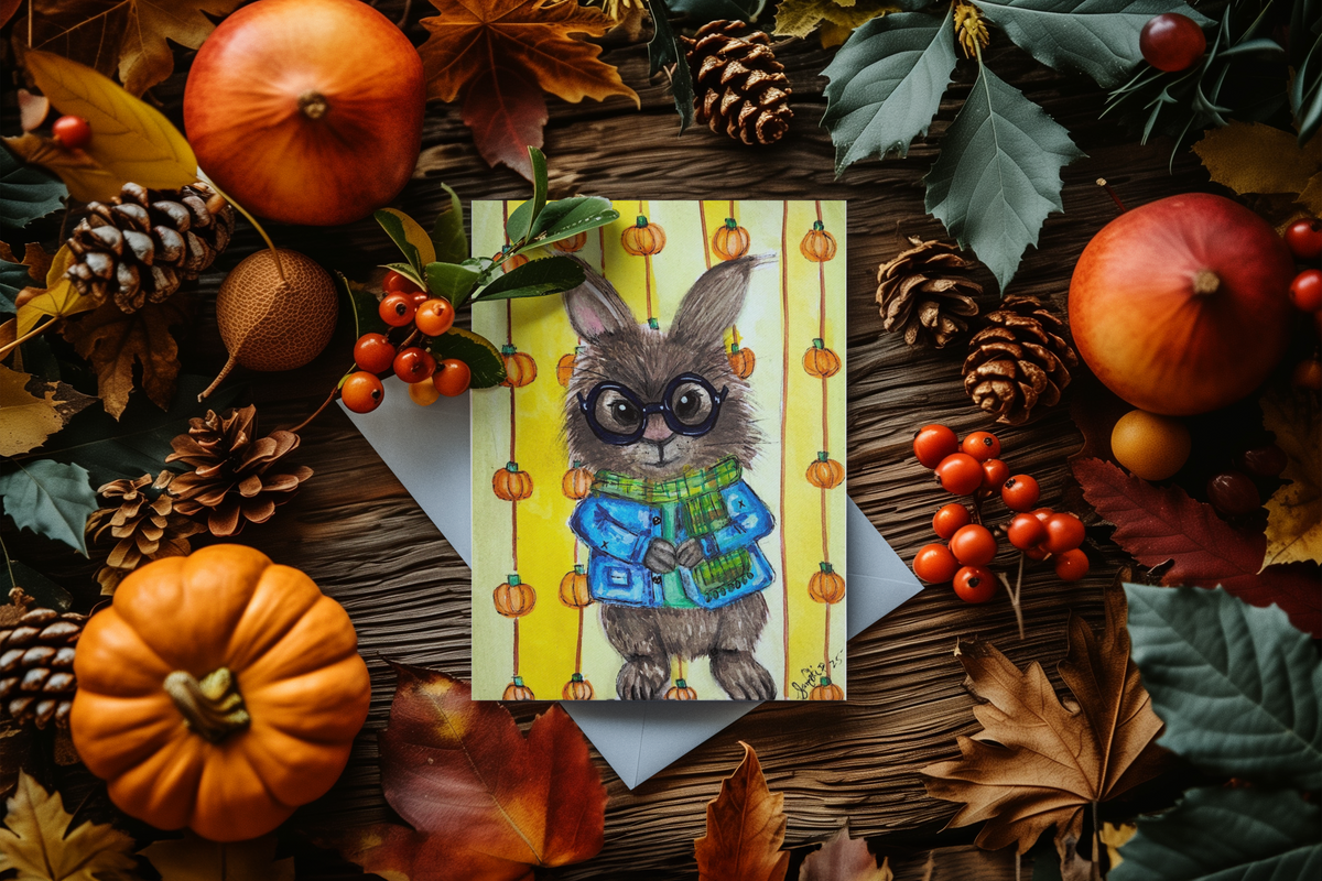 Sweater Weather Snuggles — Fall Bunny Greeting Card
