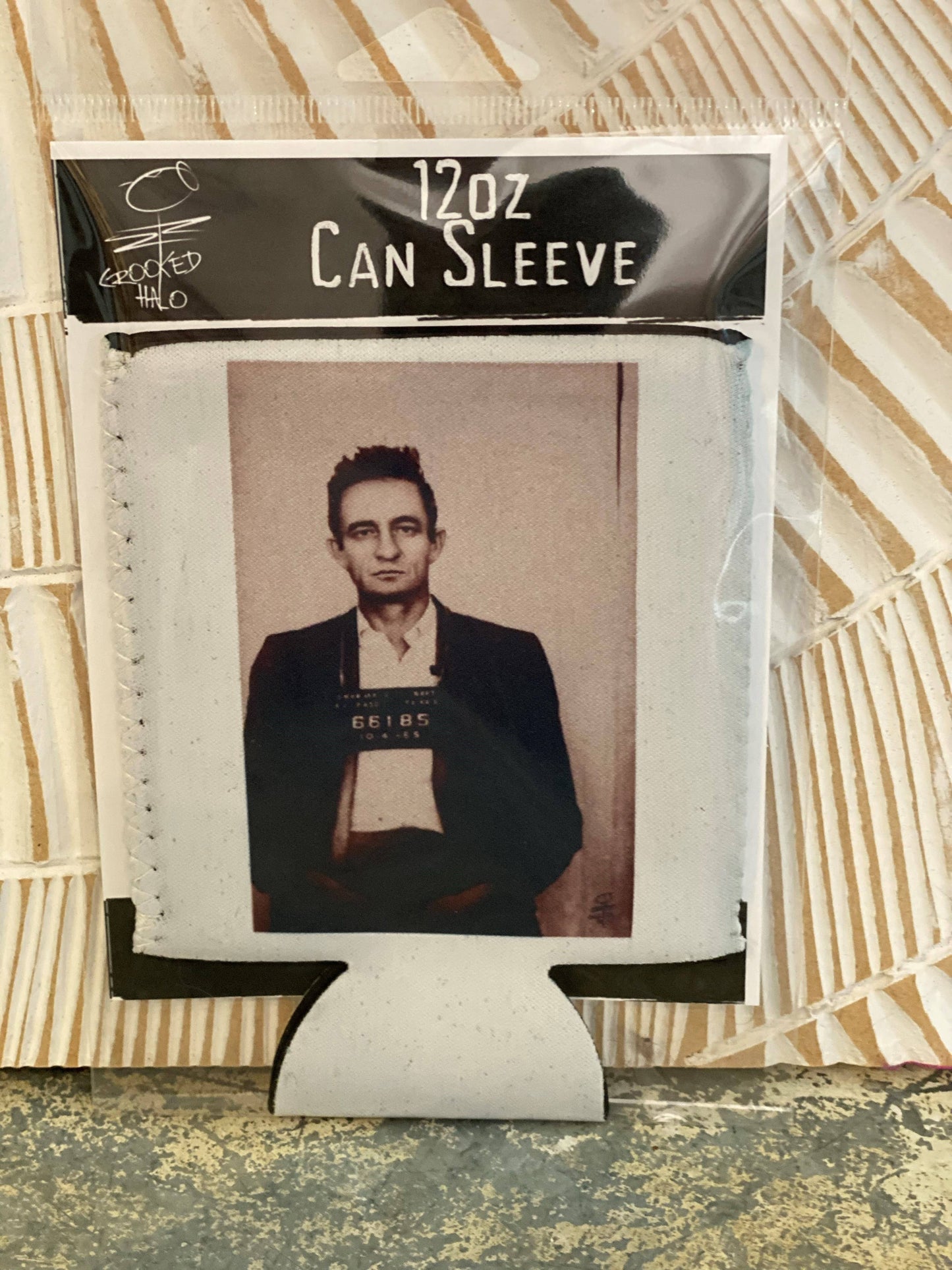 "Johnny Cash" Neoprene Can Sleeve: Packaged on a backing in a hanging cello bag.