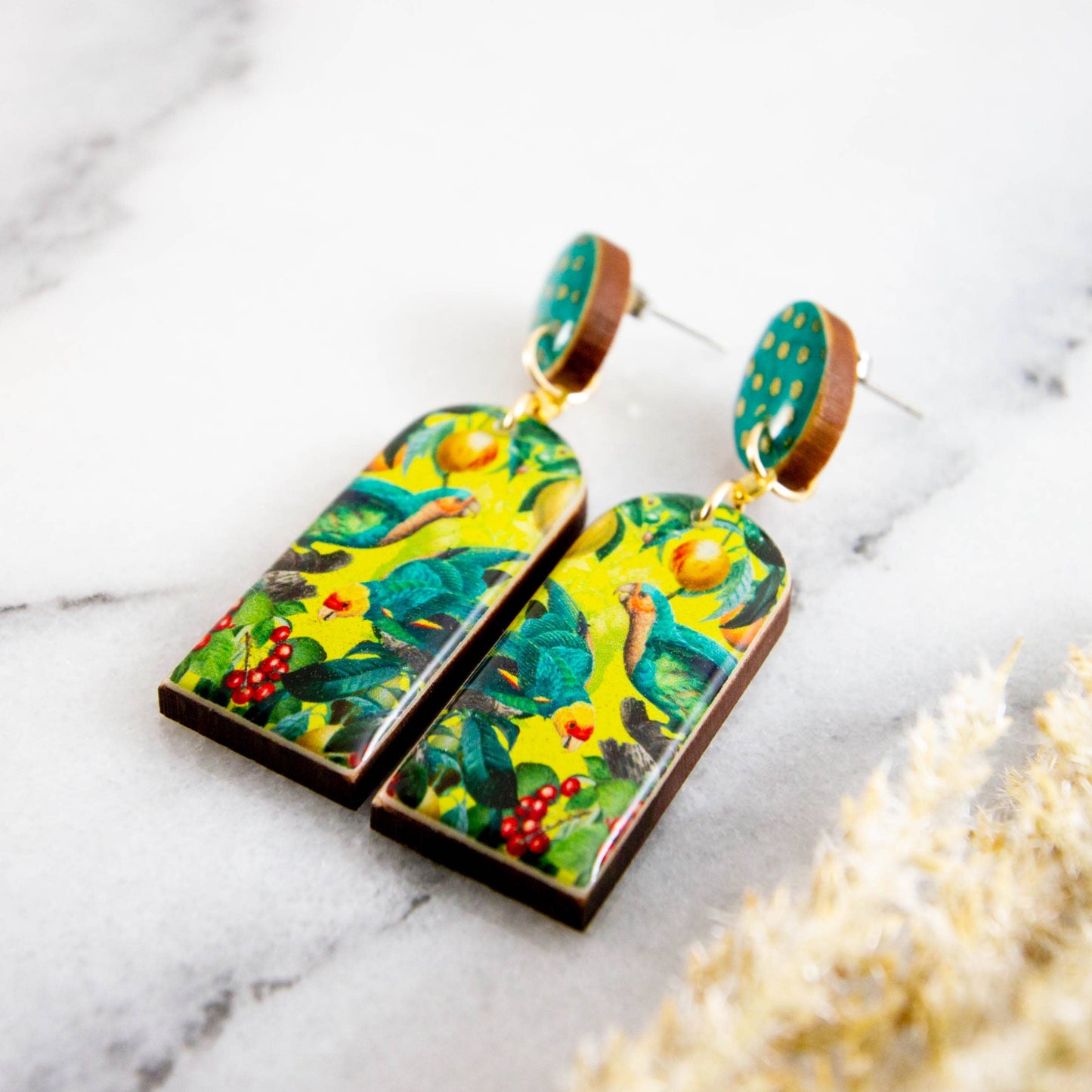 Vintage Tropical Parrot Drop Post Earrings