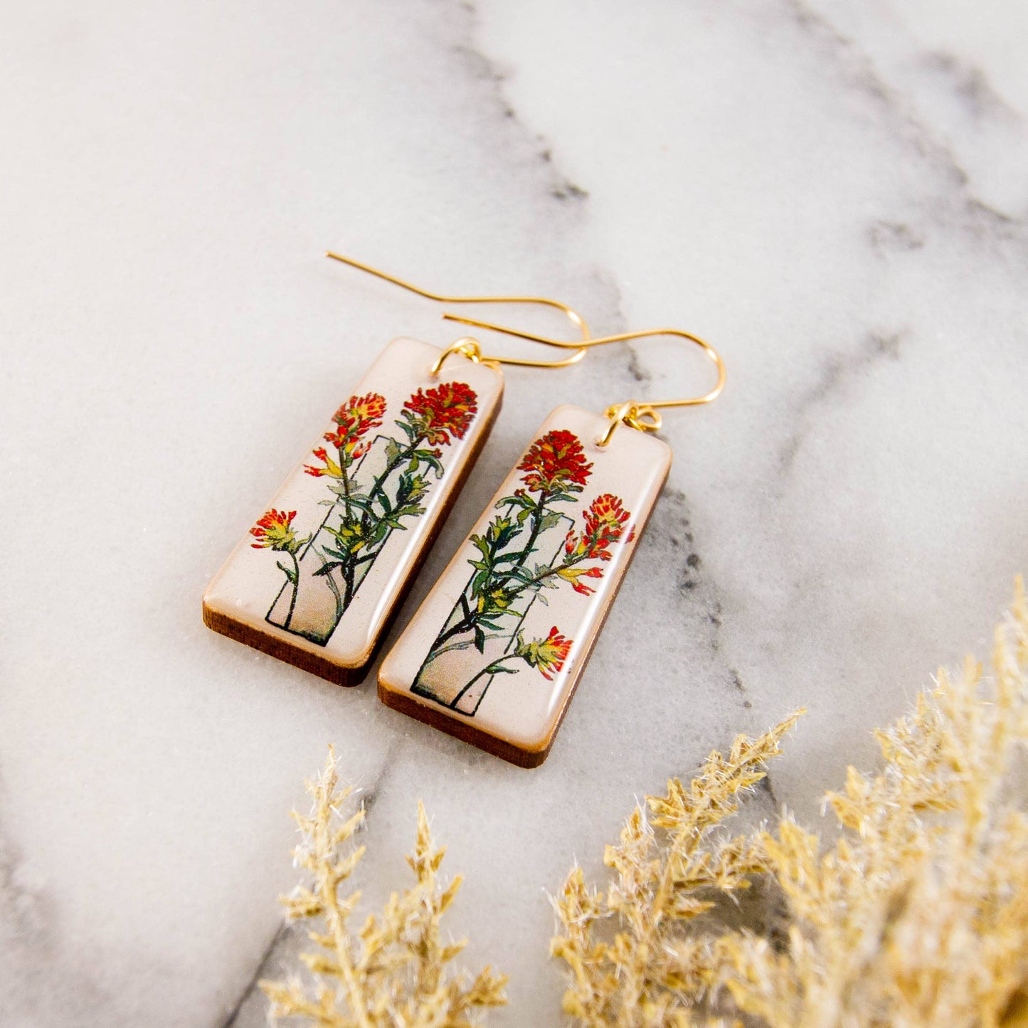 Art Deco Prairie Fire Flower Tapered Rectangle Earrings