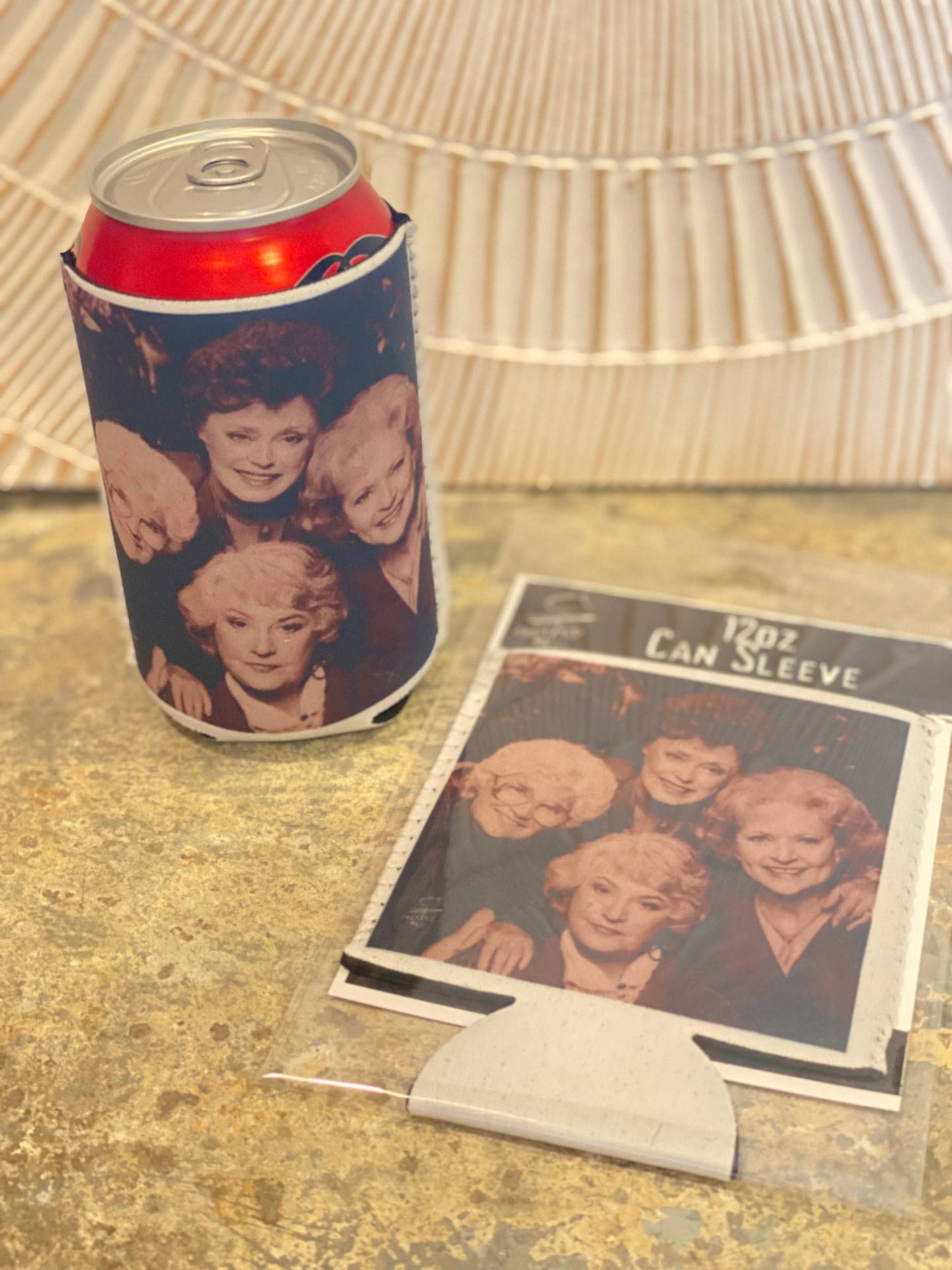 "Golden Girls" Neoprene Can Sleeve: Packaged with a backing in a hanging cello bag.