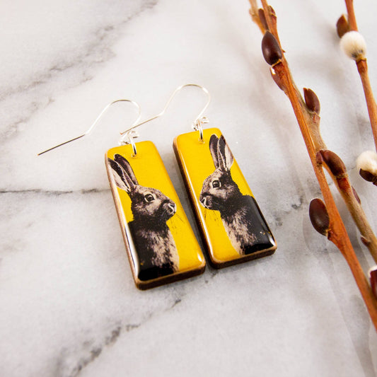 Vintage Black + White Rabbit Tapered Rectangle Earrings