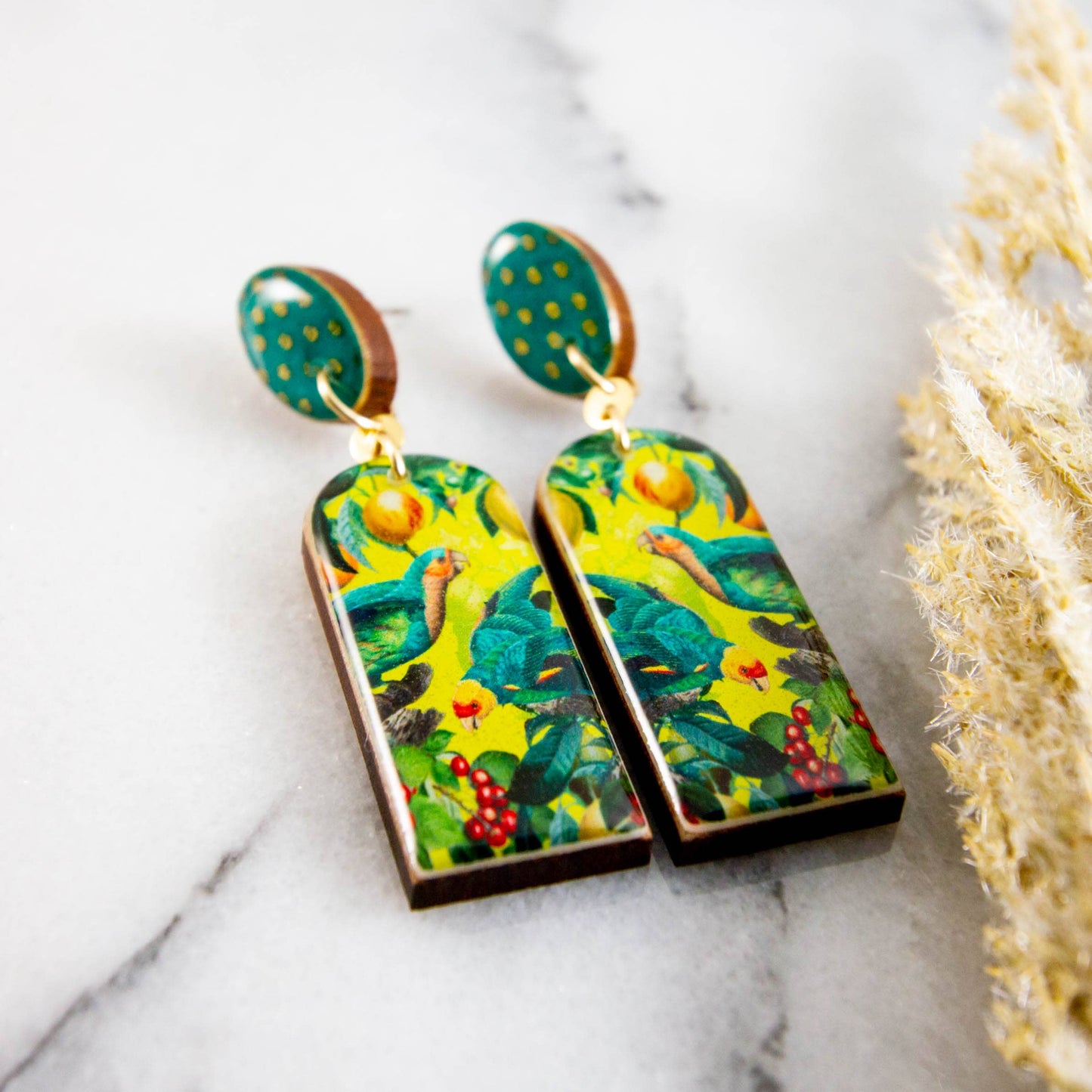 Vintage Tropical Parrot Drop Post Earrings