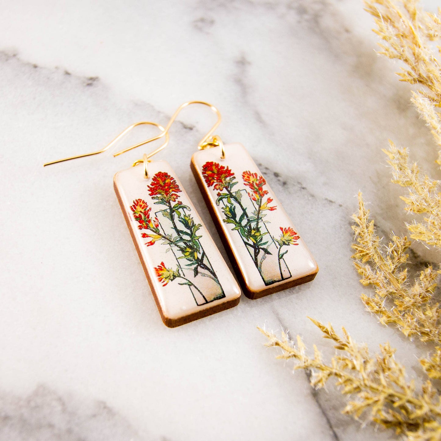 Art Deco Prairie Fire Flower Tapered Rectangle Earrings