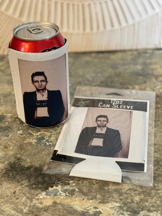 "Johnny Cash" Neoprene Can Sleeve: Packaged on a backing in a hanging cello bag.